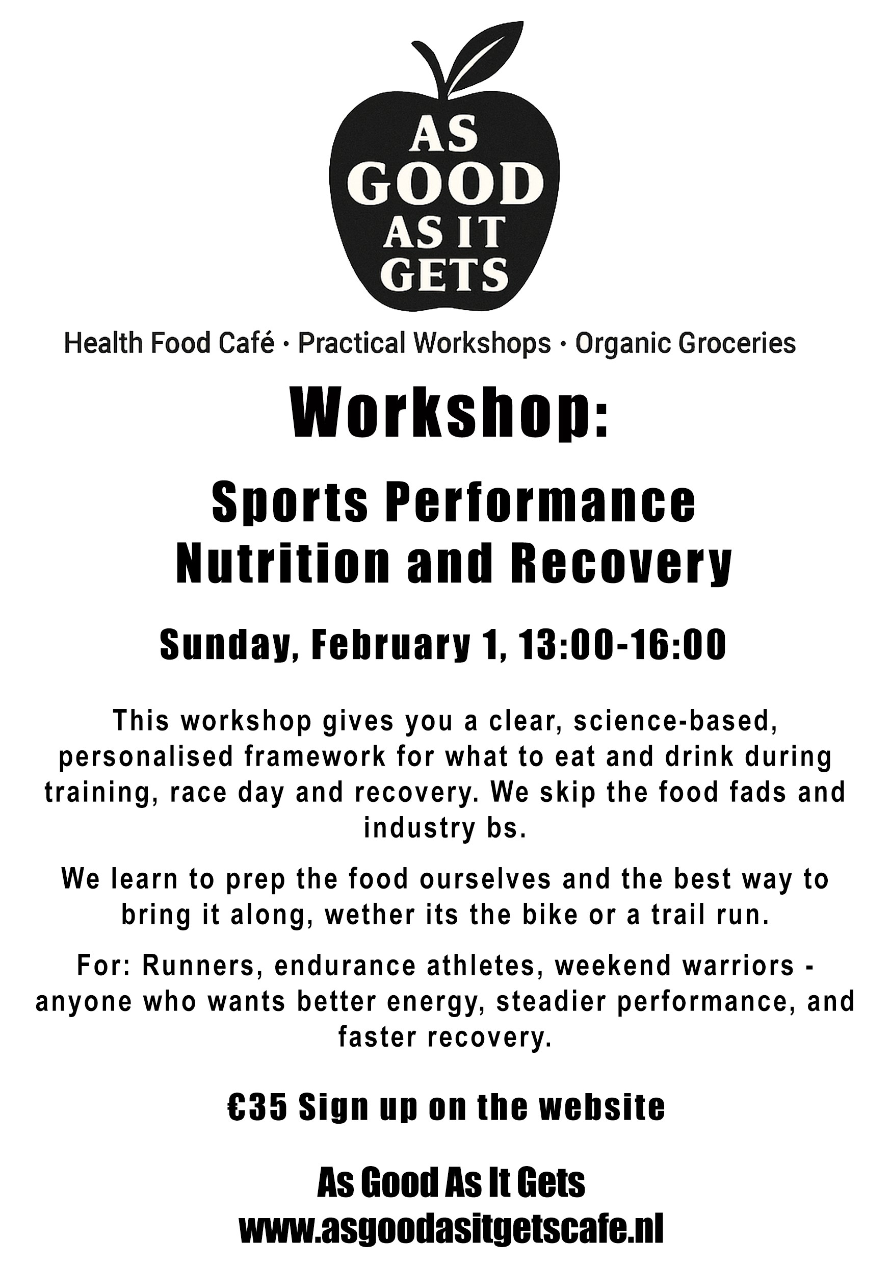 Performance Nutrition and Recovery workshop flyer